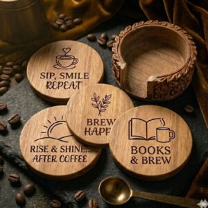Premium Natural Wood Coasters with Stand (Set of 4)